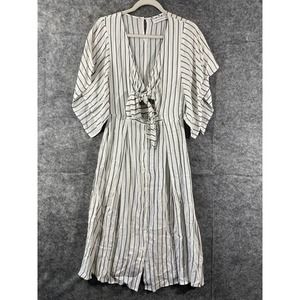 Faithfull The Brand Midi Dress 2 XS White Striped Button Up Short Sleeve Boho